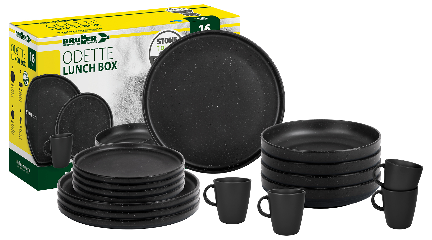 Odette 16-piece melamine dinnerware set double black - lunchbox