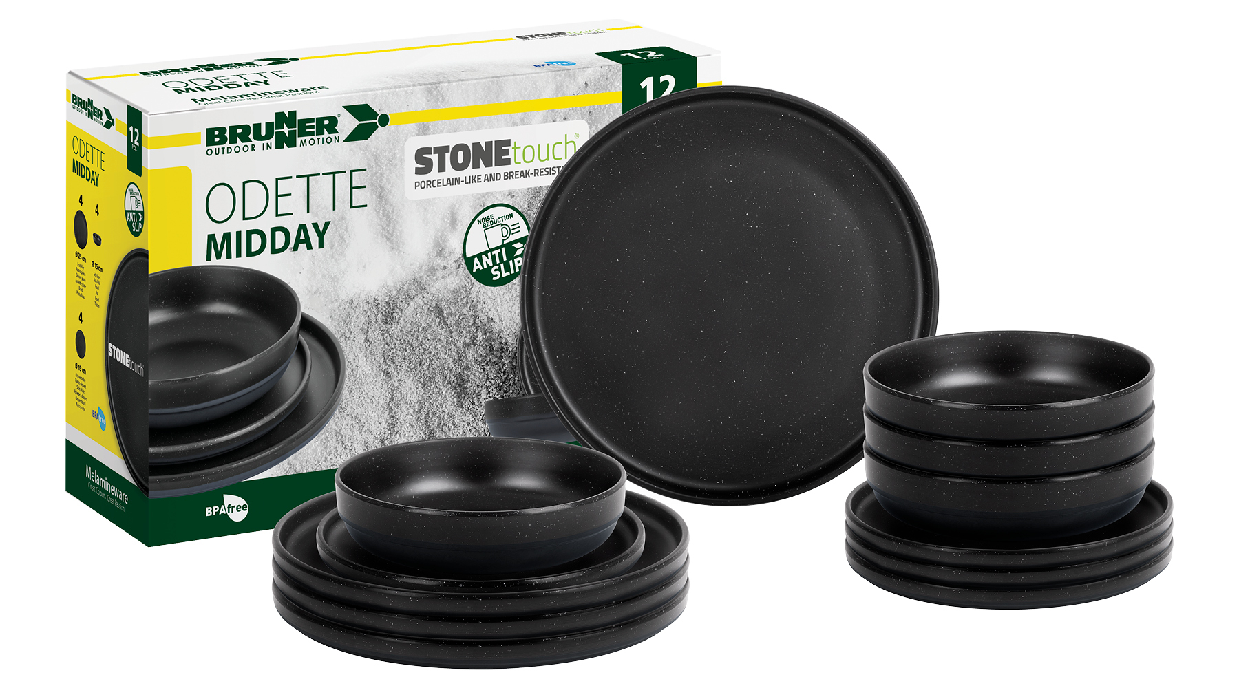 Odette 12-piece melamine dinnerware set double black - midday